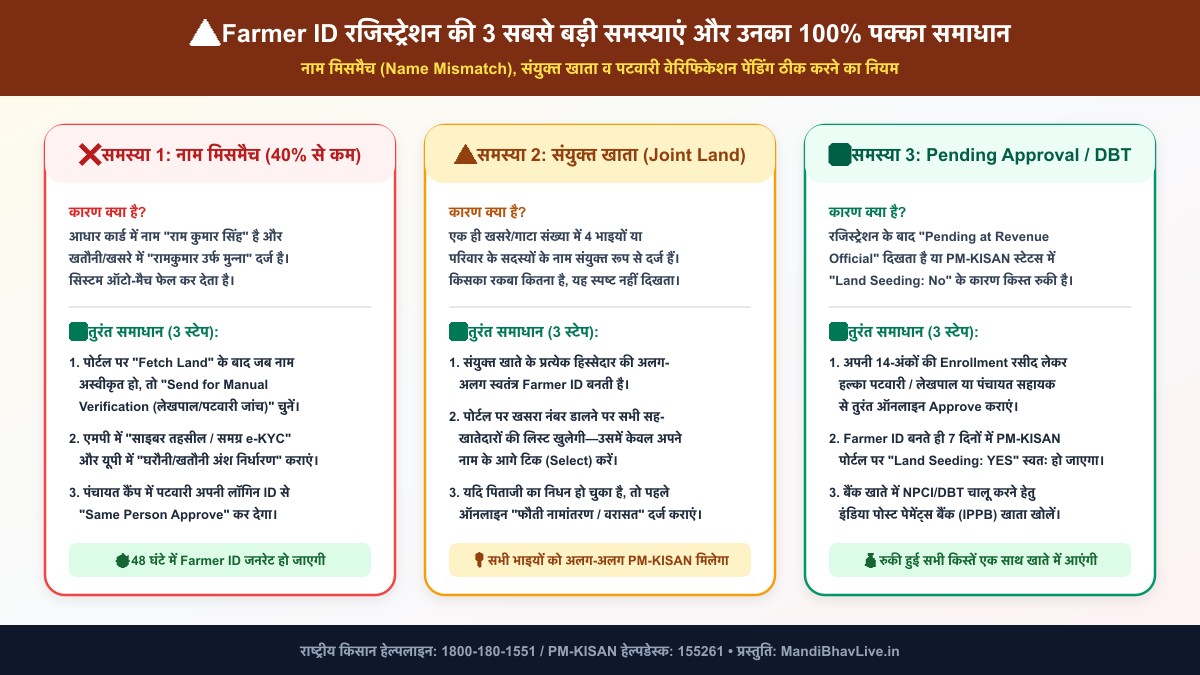 Farmer ID Name Mismatch Joint Land Khatauni and PM Kisan Land Seeding No Solution in Hindi